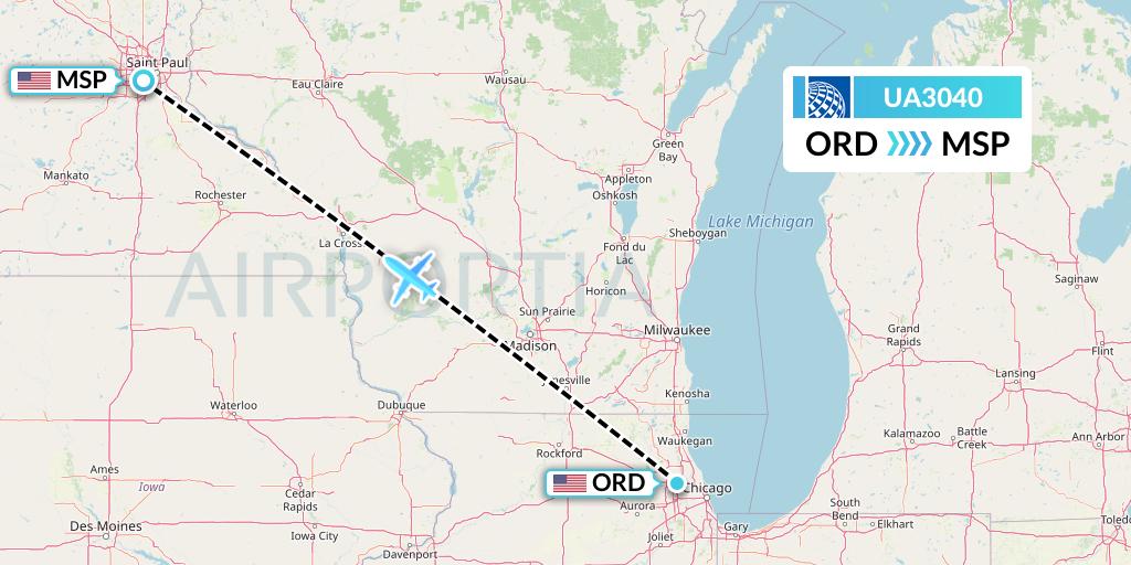 UA3040 United Airlines Flight Map: Chicago to Minneapolis