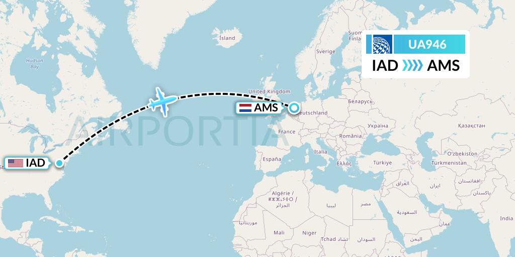 UA946 United Airlines Flight Map: Washington to Amsterdam