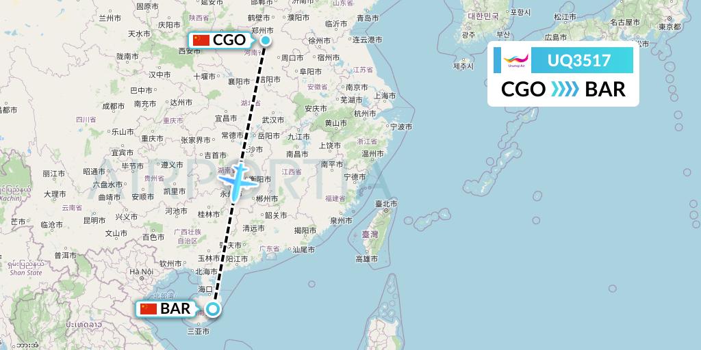 UQ3517 Urumqi Airlines Flight Map: Zhengzhou to Qionghai