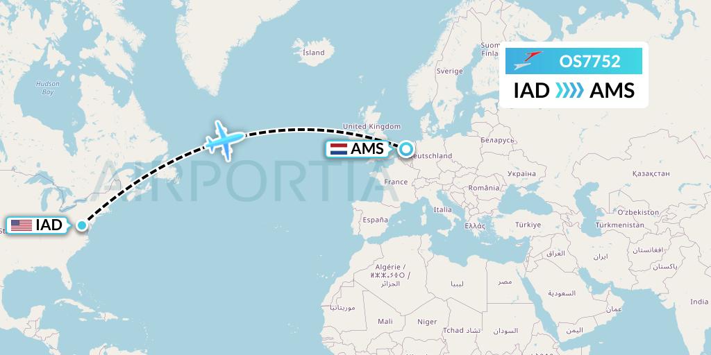 OS7752 Austrian Airlines Flight Map: Washington to Amsterdam