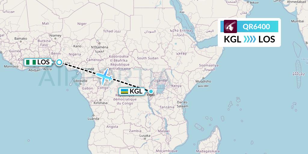 QR6400 Qatar Airways Flight Map: Kigali to Lagos