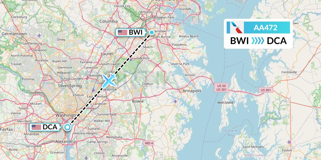AA472 American Airlines Flight Map: Baltimore to Washington