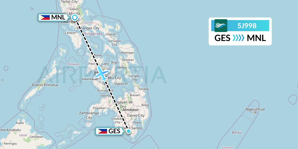 5J998 CEBU Pacific Air Flight Map: General Santos to Manila