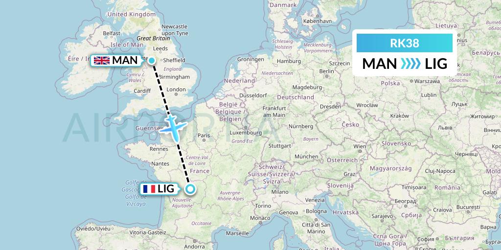 RK38 Ryanair UK Flight Map: Manchester to Limoges
