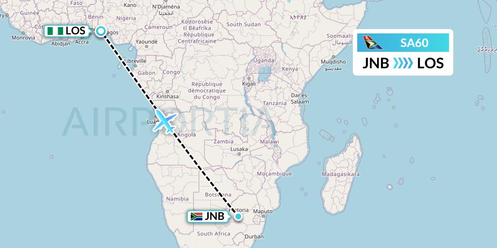 SA60 South African Airways Flight Map: Johannesburg to Lagos
