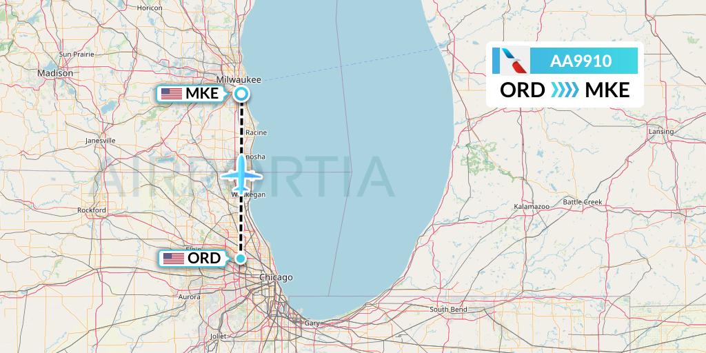 AA9910 American Airlines Flight Map: Chicago to Milwaukee
