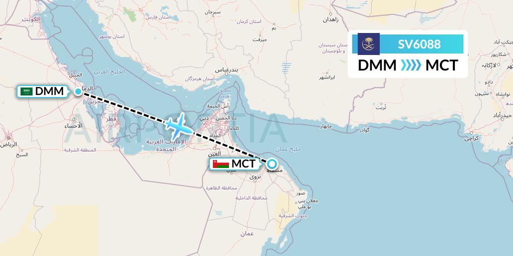 SV6088 Saudi Arabian Airlines Flight Map: Dammam to Muscat