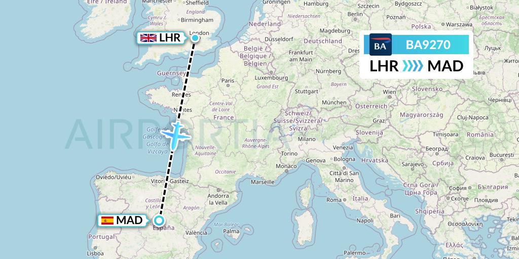 BA9270 British Airways Flight Map: London to Madrid