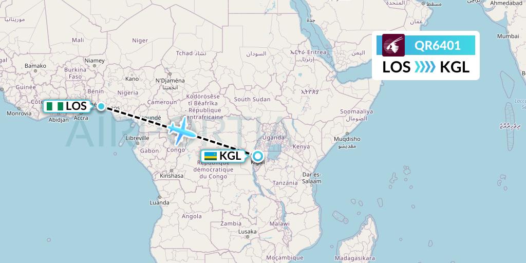 QR6401 Qatar Airways Flight Map: Lagos to Kigali