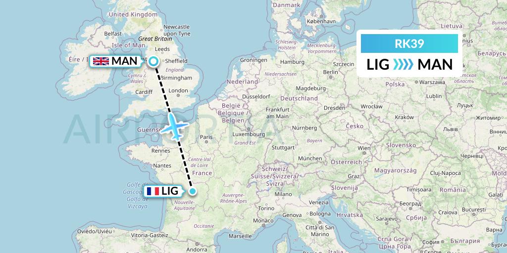 RK39 Ryanair UK Flight Map: Limoges to Manchester