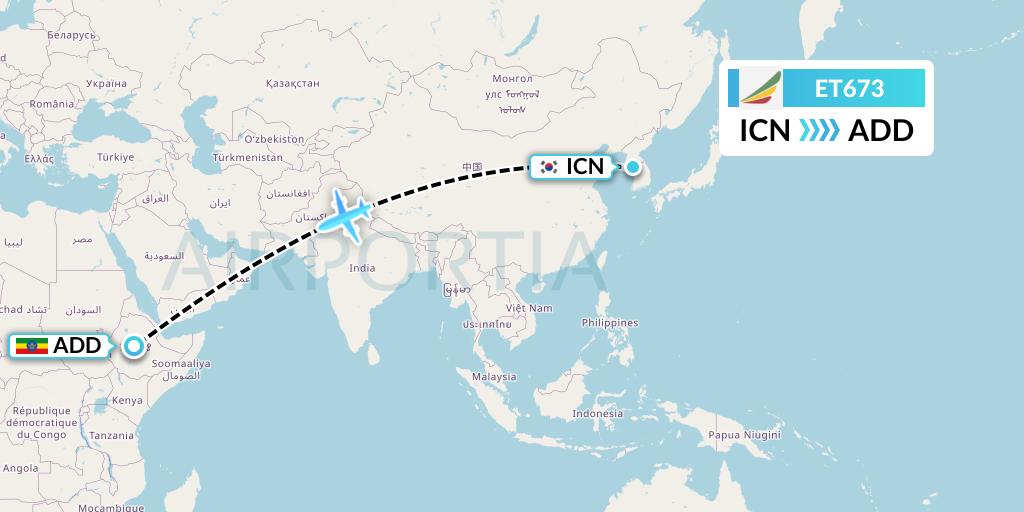 ET673 Ethiopian Airlines Flight Map: Seoul to Addis Ababa