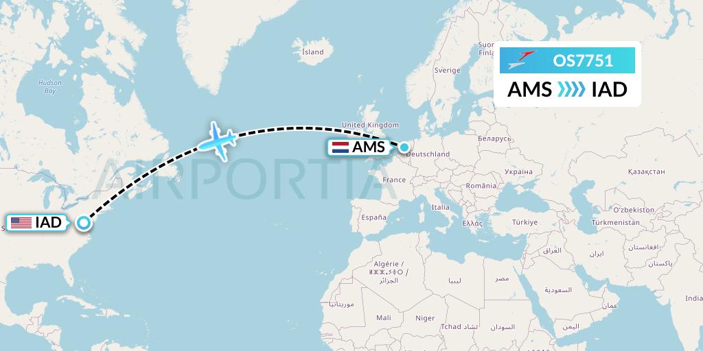 OS7751 Austrian Airlines Flight Map: Amsterdam to Washington