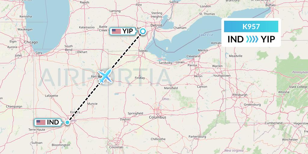 K957 Kalitta Charters Flight Map: Indianapolis to Detroit