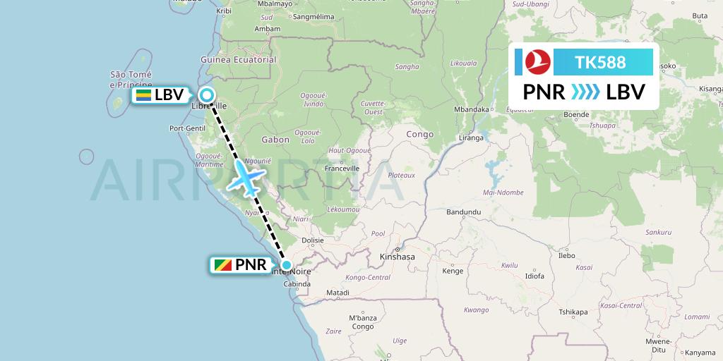 TK588 Turkish Airlines Flight Map: Pointe Noire to Libreville