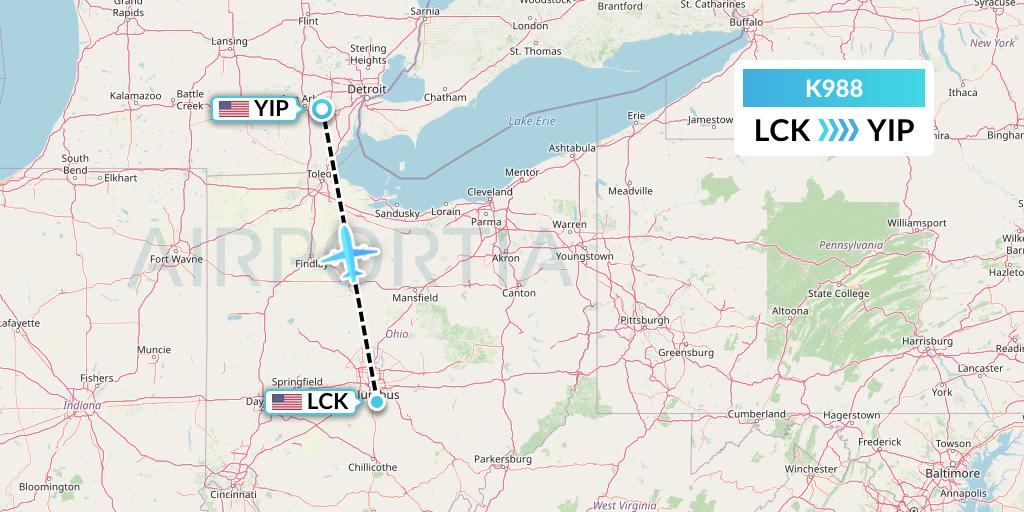 K988 Kalitta Charters Flight Map: Columbus to Detroit