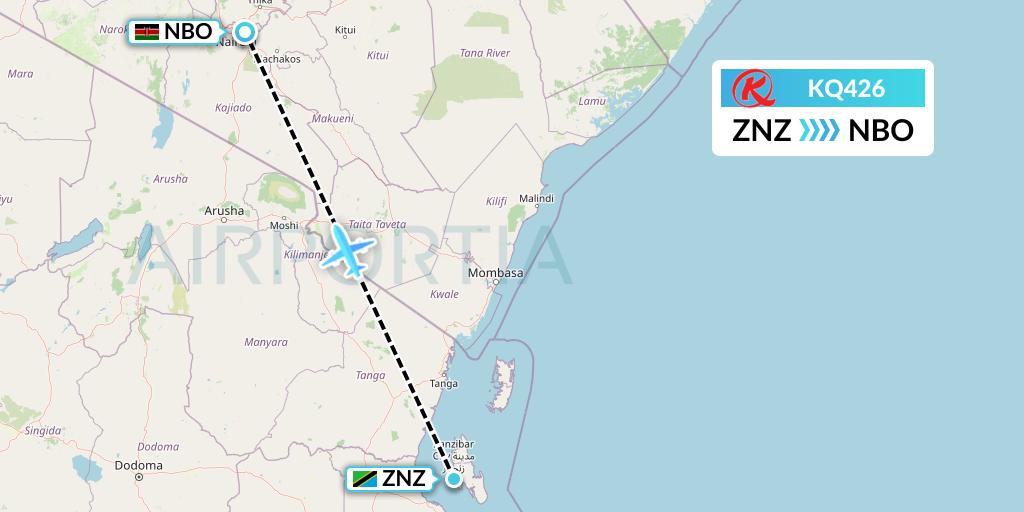 KQ426 Kenya Airways Flight Map: Zanzibar to Nairobi