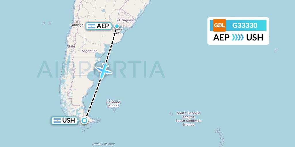 G33330 GOL Transportes Aeros Flight Map: Buenos Aires to Ushuaia