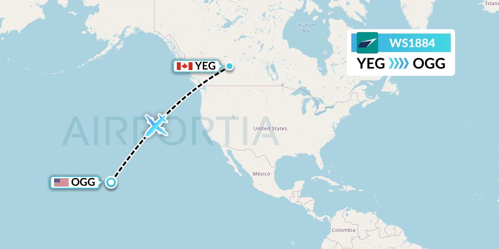 WS1884 WestJet Flight Map: Edmonton to Kahului