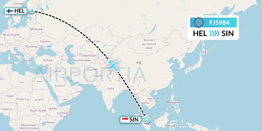 FJ5984 Fiji Airways Flight Map: Helsinki to Singapore