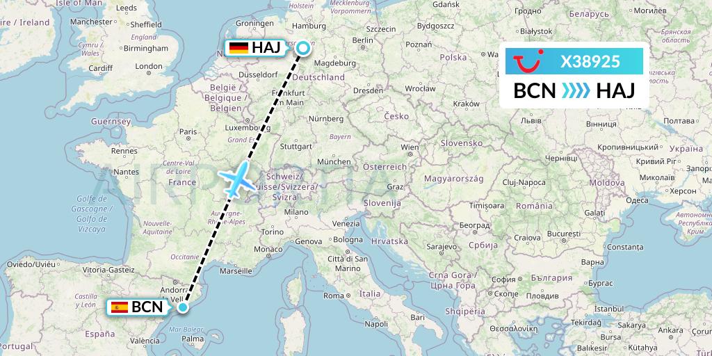 X38925 TUI fly Germany Flight Map: Barcelona to Hannover