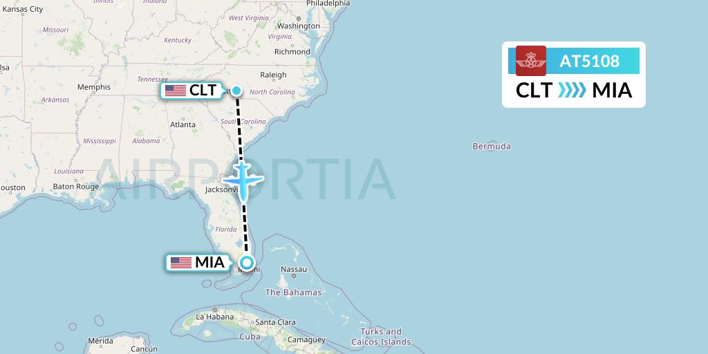 AT5108 Royal Air Maroc Flight Map: Charlotte to Miami