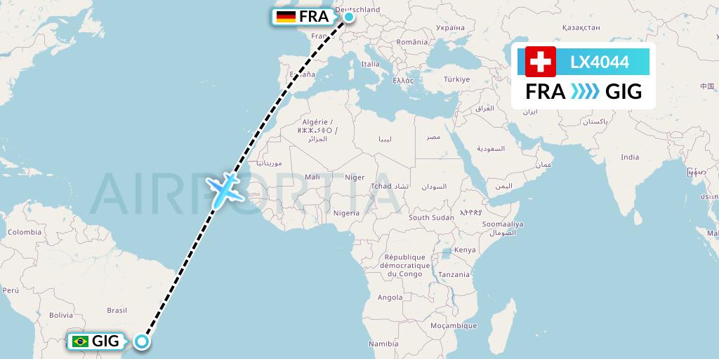 LX4044 Swiss Flight Map: Frankfurt to Rio de Janeiro