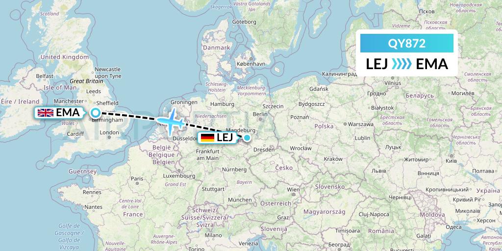 QY872 European Air Transport Flight Map: Leipzig to East Midlands