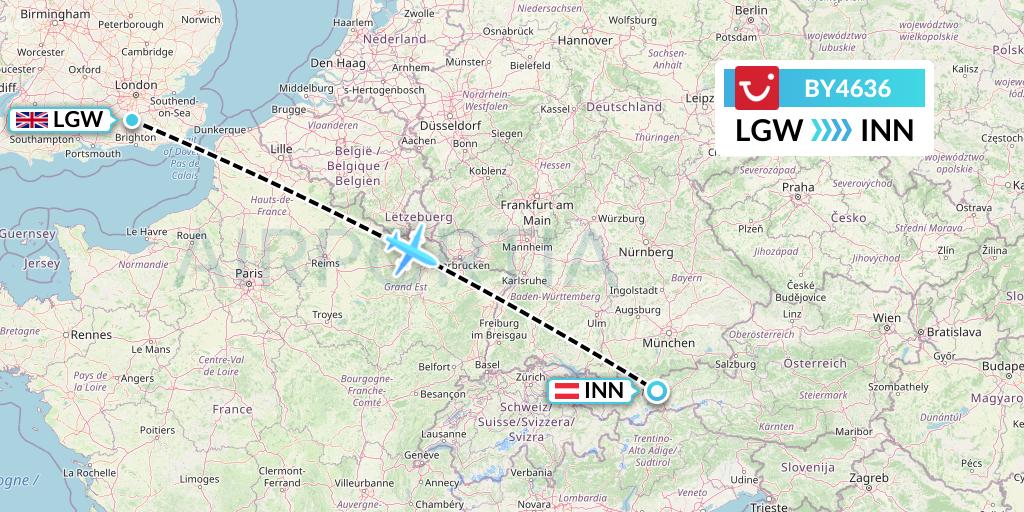 BY4636 TUI Airways Flight Map: London to Innsbruck