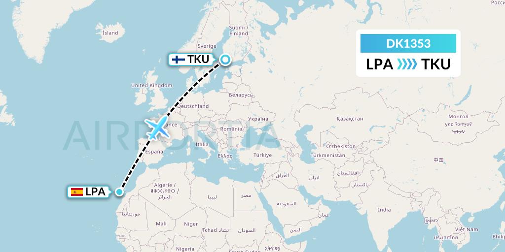 DK1353 Thomas Cook Airlines Scandinavia Flight Map: Las Palmas to Turku