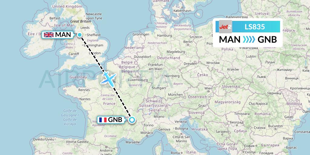 LS835 Jet2 Flight Map: Manchester to Grenoble