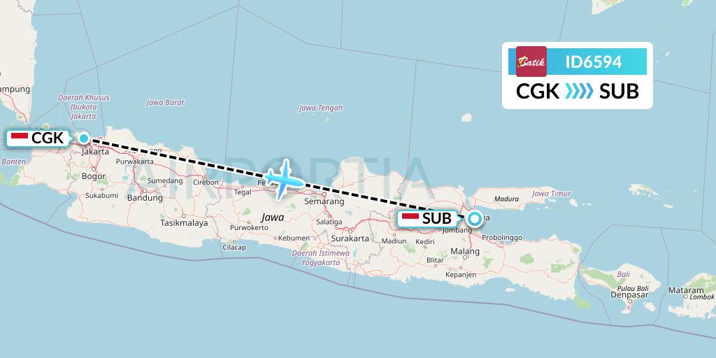ID6594 Batik Air Flight Map: Jakarta to Surabaya