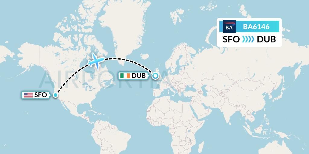 BA6146 British Airways Flight Map: San Francisco to Dublin