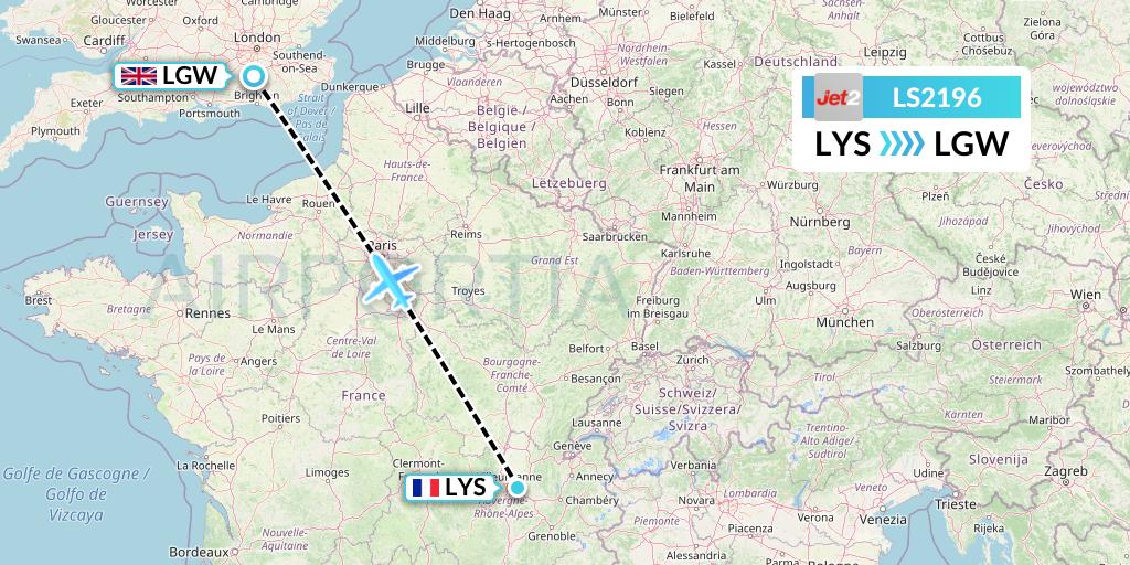 LS2196 Jet2 Flight Map: Lyon to London