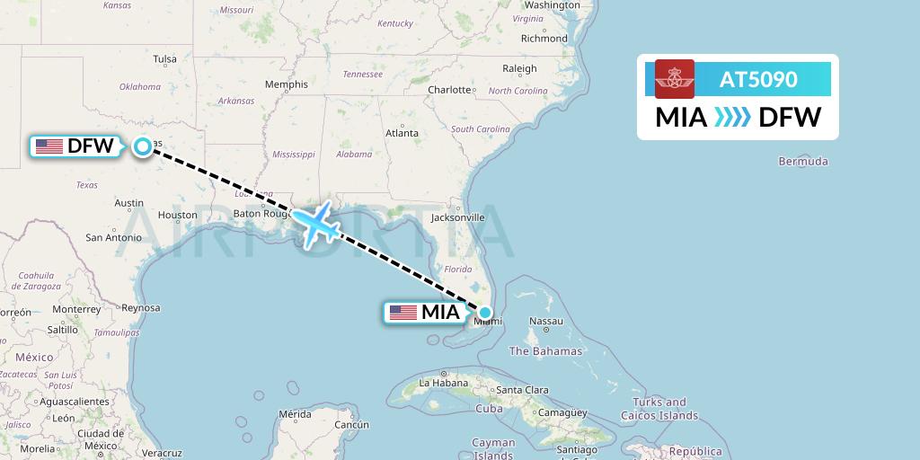 AT5090 Royal Air Maroc Flight Map: Miami to Dallas