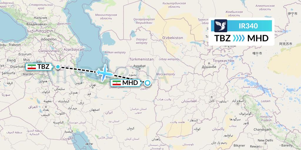 IR340 Iran Air Flight Map: Tabriz to Mashhad