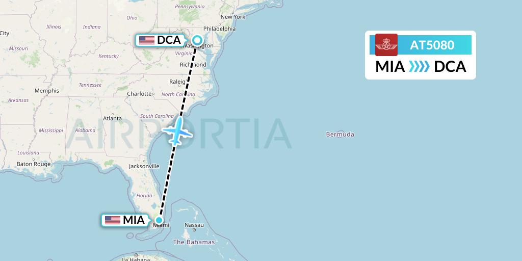 AT5080 Royal Air Maroc Flight Map: Miami to Washington