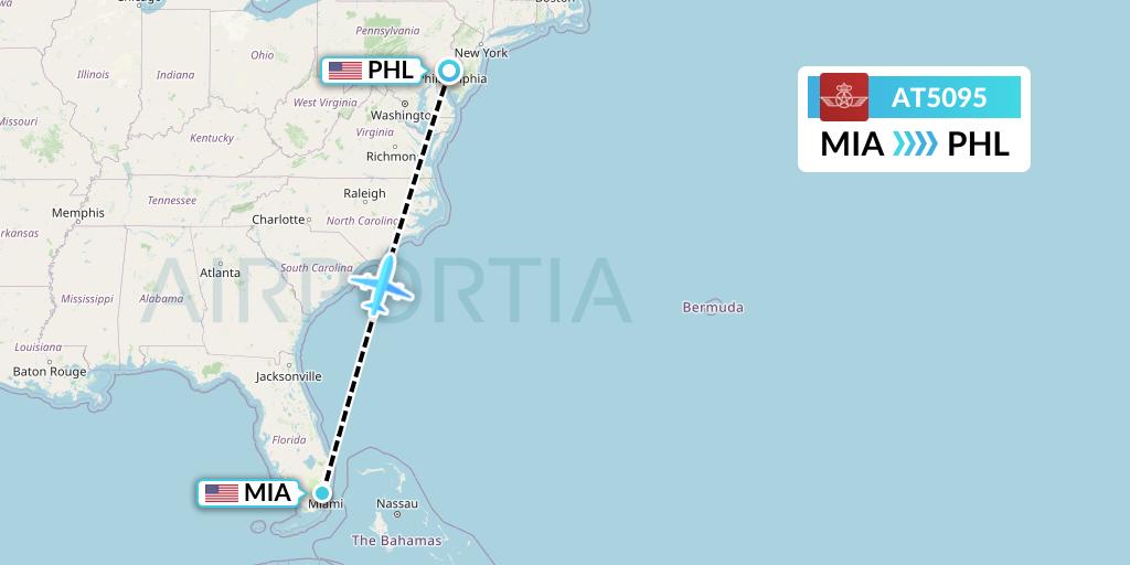 AT5095 Royal Air Maroc Flight Map: Miami to Philadelphia