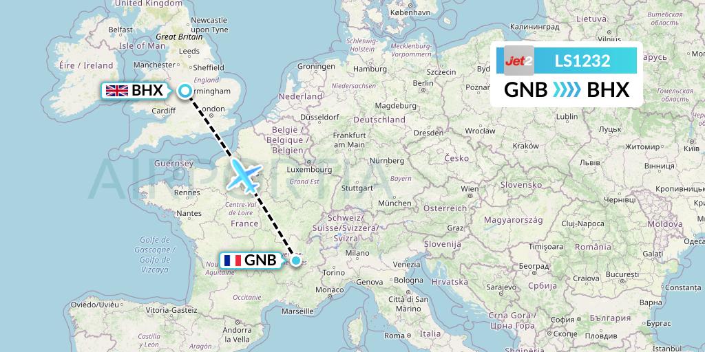 LS1232 Jet2 Flight Map: Grenoble to Birmingham