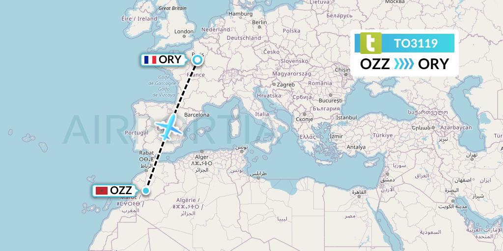 TO3119 Transavia France Flight Map: Ouarzazate to Paris