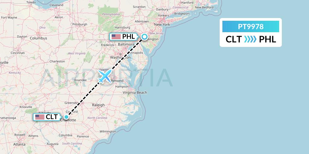 PT9978 Piedmont Airlines Flight Map: Charlotte to Philadelphia