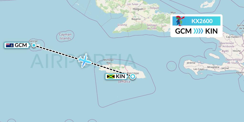 KX2600 Cayman Airways Flight Map: George Town to Kingston
