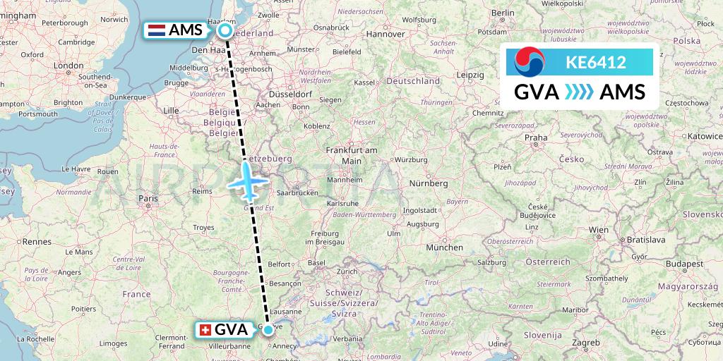 KE6412 Korean Air Flight Map: Geneva to Amsterdam
