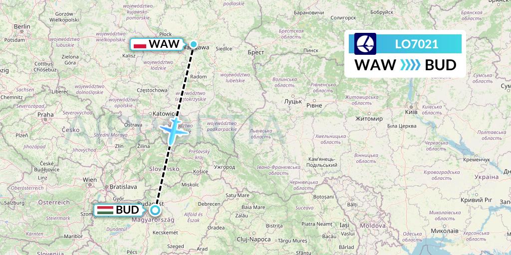 LO7021 LOT Flight Map: Warsaw to Budapest