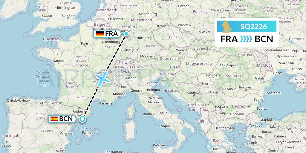 SQ2226 Singapore Airlines Flight Map: Frankfurt to Barcelona