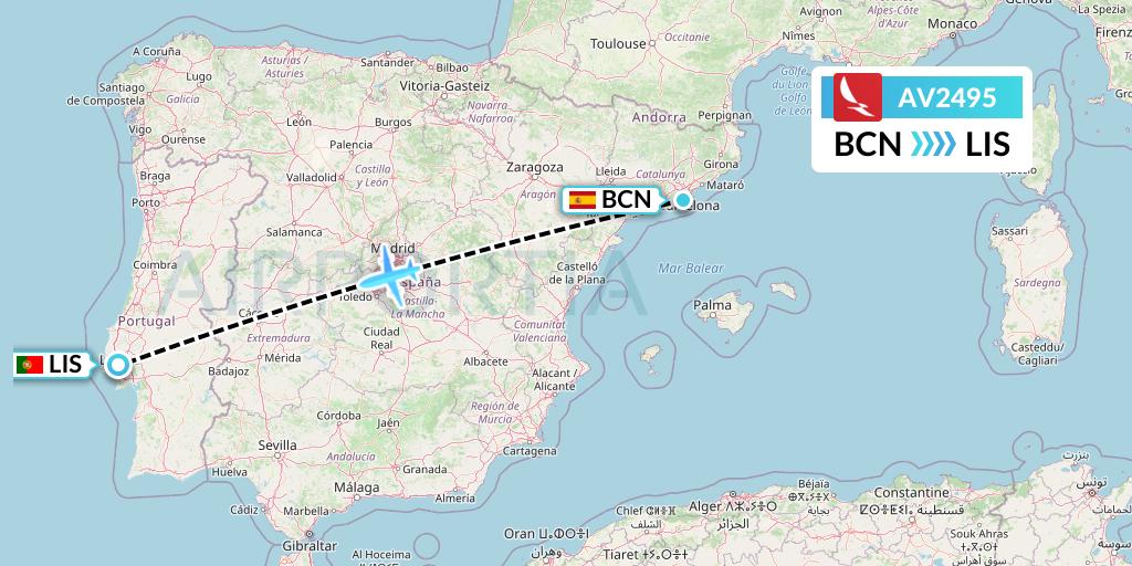 AV2495 Avianca Flight Map: Barcelona to Lisbon