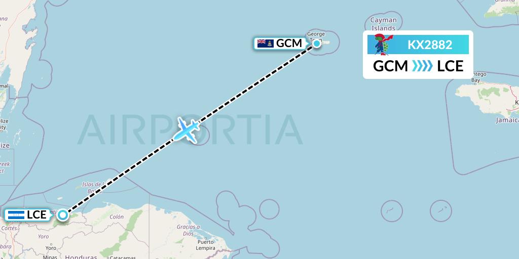 KX2882 Cayman Airways Flight Map: George Town to La Ceiba