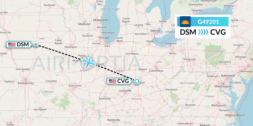 G49201 Allegiant Air Flight Map: Des Moines to Cincinnati