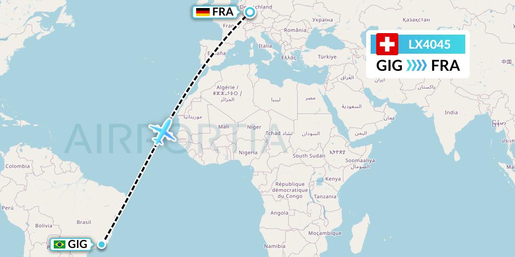LX4045 Swiss Flight Map: Rio de Janeiro to Frankfurt