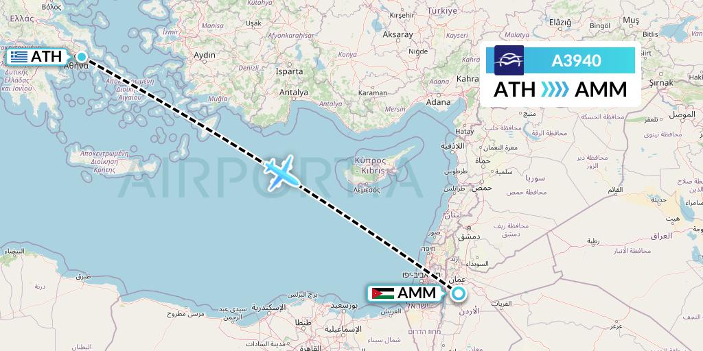A3940 Aegean Airlines Flight Map: Athens to Amman