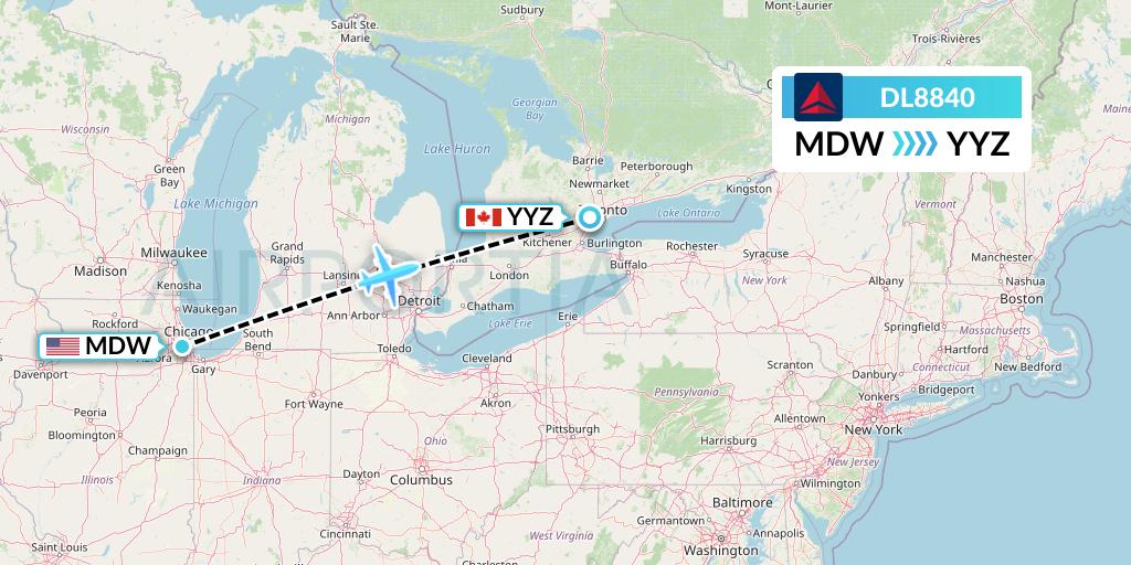 DL8840 Delta Air Lines Flight Map: Chicago to Toronto